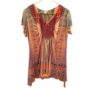 Boho Fairy Beaded Statement Tunic Top L Flowy Embroidered Festival Whimsigoth